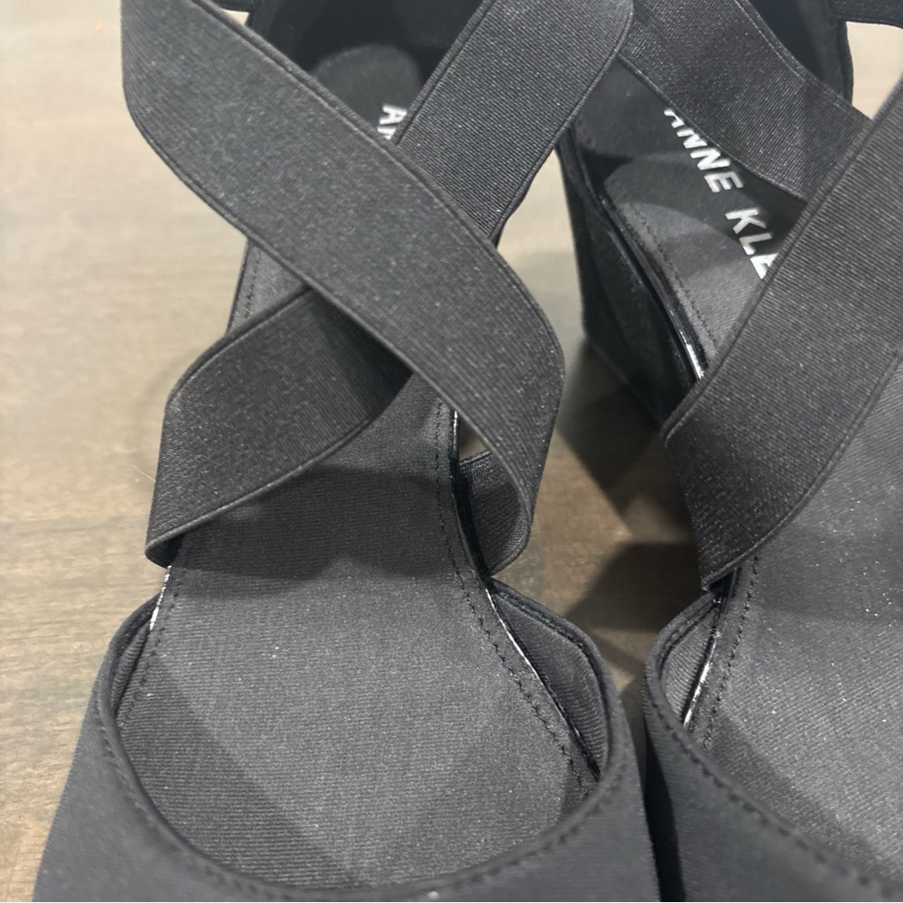 Anne Klein Black Crisscross Elastic Block Heels